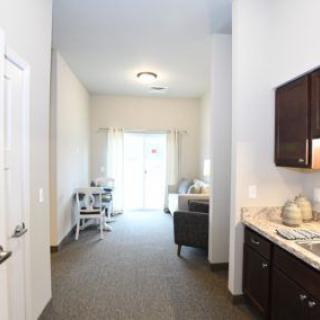 A bright apartment interior with a view of the living room and kitchenette area.