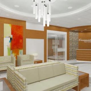 A modern lobby with elegant seating and a stylish chandelier.
