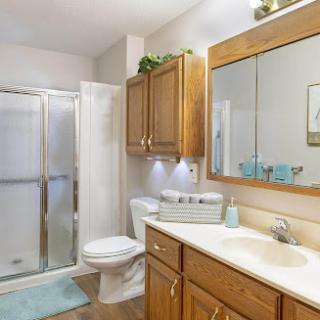 A modern bathroom featuring a shower, toilet, and wooden cabinetry with blue decorative elements.