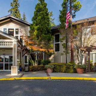 A building with an entrance surrounded by trees and landscaping, featuring a flag flying in the front on a sunny day.