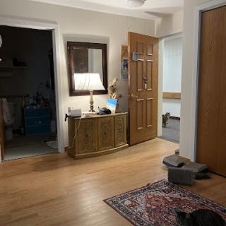 A cozy interior view featuring a wooden console table with a lamp, a mirror, and doors leading to other rooms.