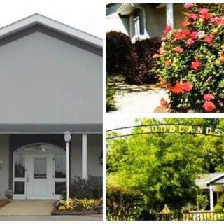 A collage showing a house entrance alongside vibrant gardens with flowers and trees.