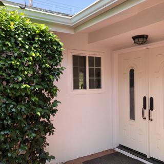 A residential house entrance with a white double door and adjacent window, framed by greenery.