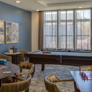 A cozy game room featuring a pool table, chess board, and comfortable seating.