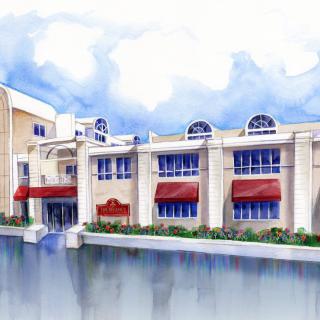 A watercolor painting depicting a building with red awnings and large windows under a blue sky.