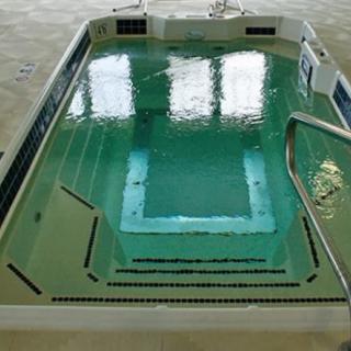 An empty indoor swimming pool with green-tinted water and steps leading into it.