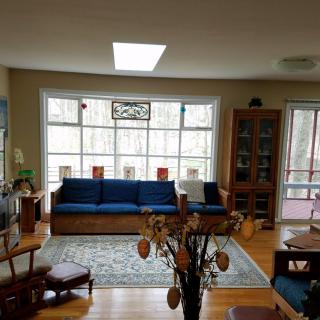 A cozy living room with a blue sofa and large windows allowing natural light.