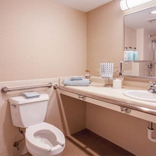 A clean and accessible bathroom featuring a toilet, sink, and safety handrails.