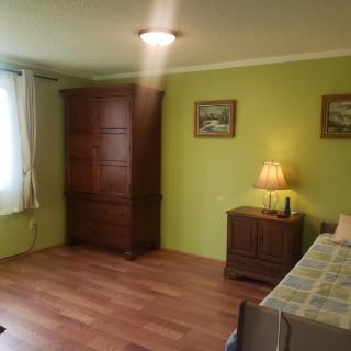 A cozy bedroom featuring a wooden wardrobe, bedside table with a lamp, and paintings on a green wall.