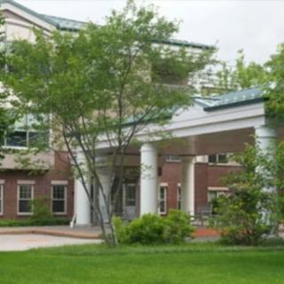 A welcoming building entrance surrounded by lush greenery.