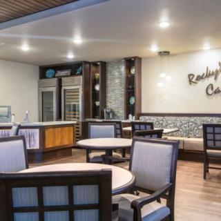 A modern cafe interior with stylish seating and lighting.