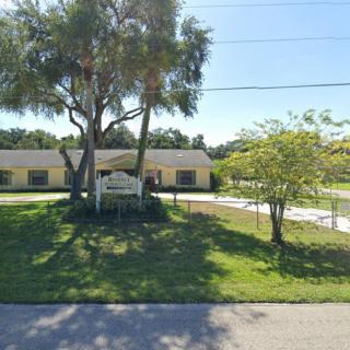 A suburban house with a spacious lawn and large trees under a clear blue sky.