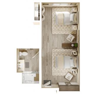 A detailed floor plan of a two-bedroom apartment with an adjoining bathroom and kitchen area.