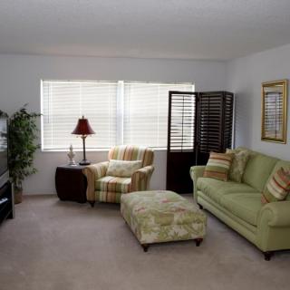 A cozy living room with a green sofa, patterned armchair, and ottoman, featuring a lamp by the window and decorative elements.
