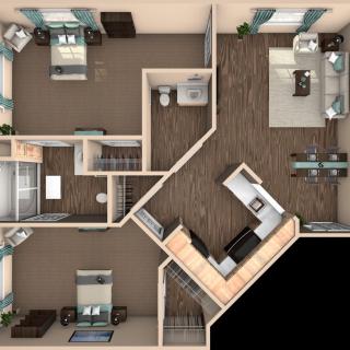 A detailed floor plan of a two-bedroom apartment with a kitchen, living room, and bathroom.