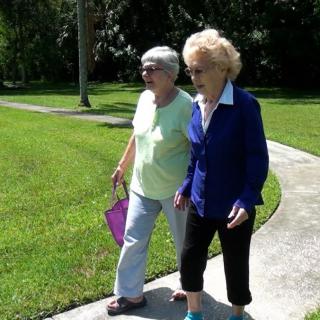 Two elderly individuals enjoying a walk in the park together.