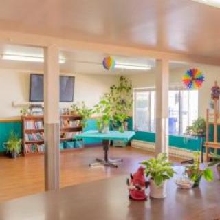 A colorful room with plants, tables, and bookshelves.