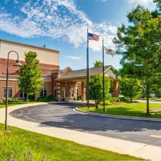 A sunny day at a building entrance with flags and lush trees along a curved driveway.