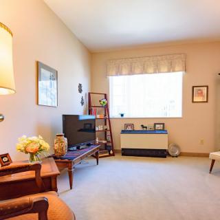 A cozy living room with a television, armchair, and decorative elements.