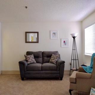 A cozy living room with a sofa, armchair, and decorative elements.