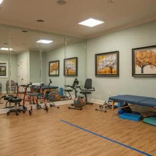 A well-equipped physical therapy room with exercise machines, a mirrored wall, and colorful artwork.