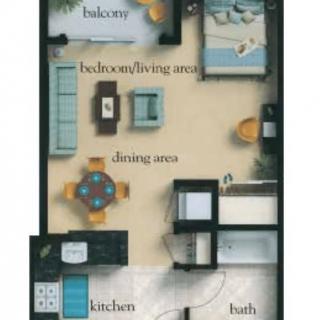 This is a one-bedroom apartment floor plan featuring a combined living and dining area, kitchen, bathroom, and balcony.