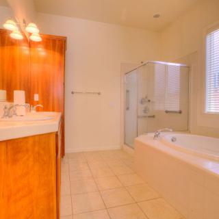 Spacious bathroom with a bathtub, shower, and wooden cabinetry.