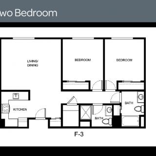 A floor plan of a two-bedroom apartment with labeled rooms and facilities.