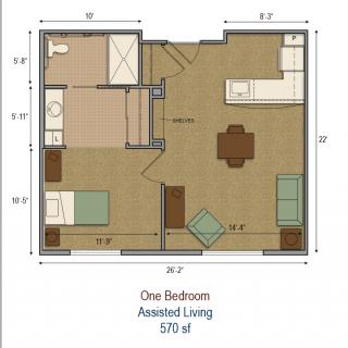 A floor plan of a one-bedroom assisted living apartment measuring 570 square feet.