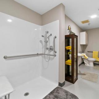 A modern and accessible bathroom featuring a walk-in shower with grab bars and neatly arranged towels.