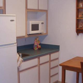 A small kitchen area with a refrigerator, microwave, sink, and wooden table.