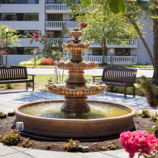 A picturesque outdoor garden with a central fountain surrounded by benches and vibrant flowers.