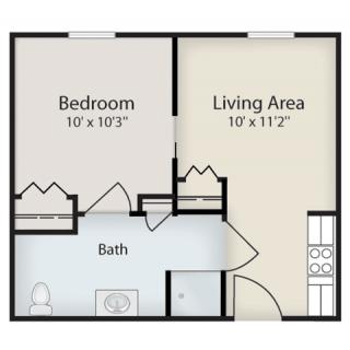 Floor plan of a one-bedroom apartment with a living area and bathroom.