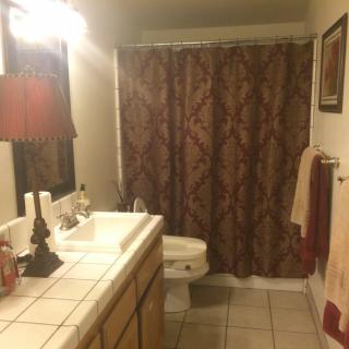 A well-lit bathroom with a sink, toilet, and shower curtain.
