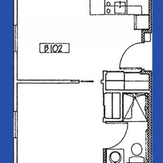 A simple architectural floor plan of an apartment unit showing room layout and fixtures.