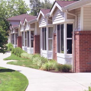 A row of suburban houses with brick exteriors and neatly landscaped pathways.