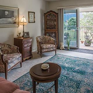 A cozy living room with classic furniture and a decorative rug.