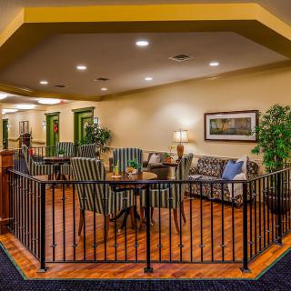 A cozy seating area featuring comfortable chairs, a sofa, and a table, complemented by plants and warm lighting.