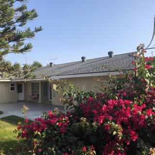 A charming house with a beautiful garden, featuring vibrant flowers and a clear blue sky.