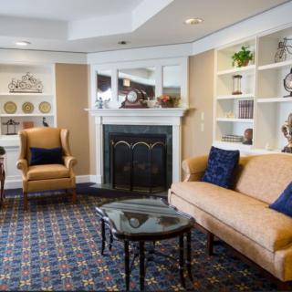 A cozy living room with elegant furnishings, featuring a fireplace, sofa, armchair, and shelves.
