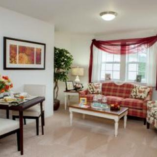 A cozy living room with a plaid sofa, coffee table, and decorative accents.