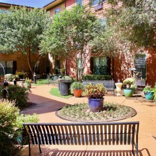 A serene courtyard with a variety of potted plants and trees, featuring a bench and paved pathways.