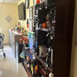 A cozy living room featuring a decorated shelf with Halloween decorations and a television in the background.
