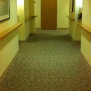 A carpeted hallway leading to a closed door, with soft lighting and wall-mounted railings.