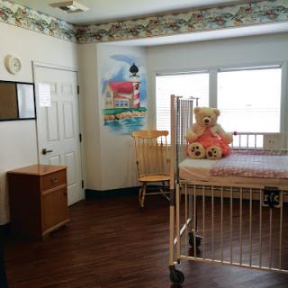 A cozy children's room with a decorative theme, featuring a crib, a teddy bear, and bright windows.