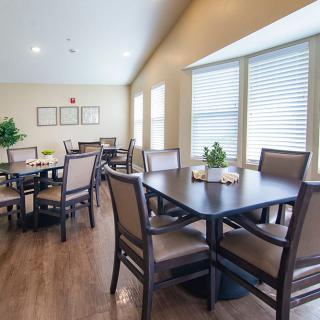 A modern dining area with several tables and chairs, featuring large windows and decorative plants.