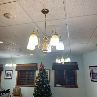 A cozy interior featuring a chandelier and a beautifully decorated Christmas tree.