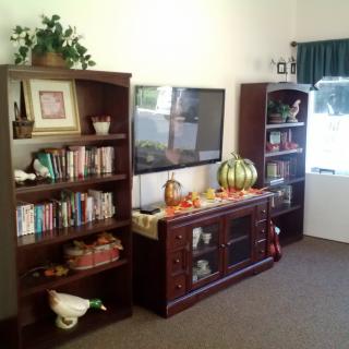 A cozy living room featuring bookshelves, a television, and festive pumpkin decorations.