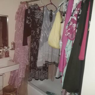 A bathroom scene featuring various garments hanging from rods, showcasing a mix of styles and colors.