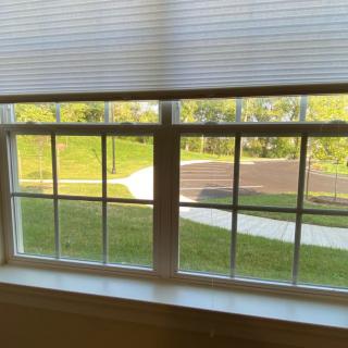 View through a window with partially open blinds showing a grassy outdoor area.
